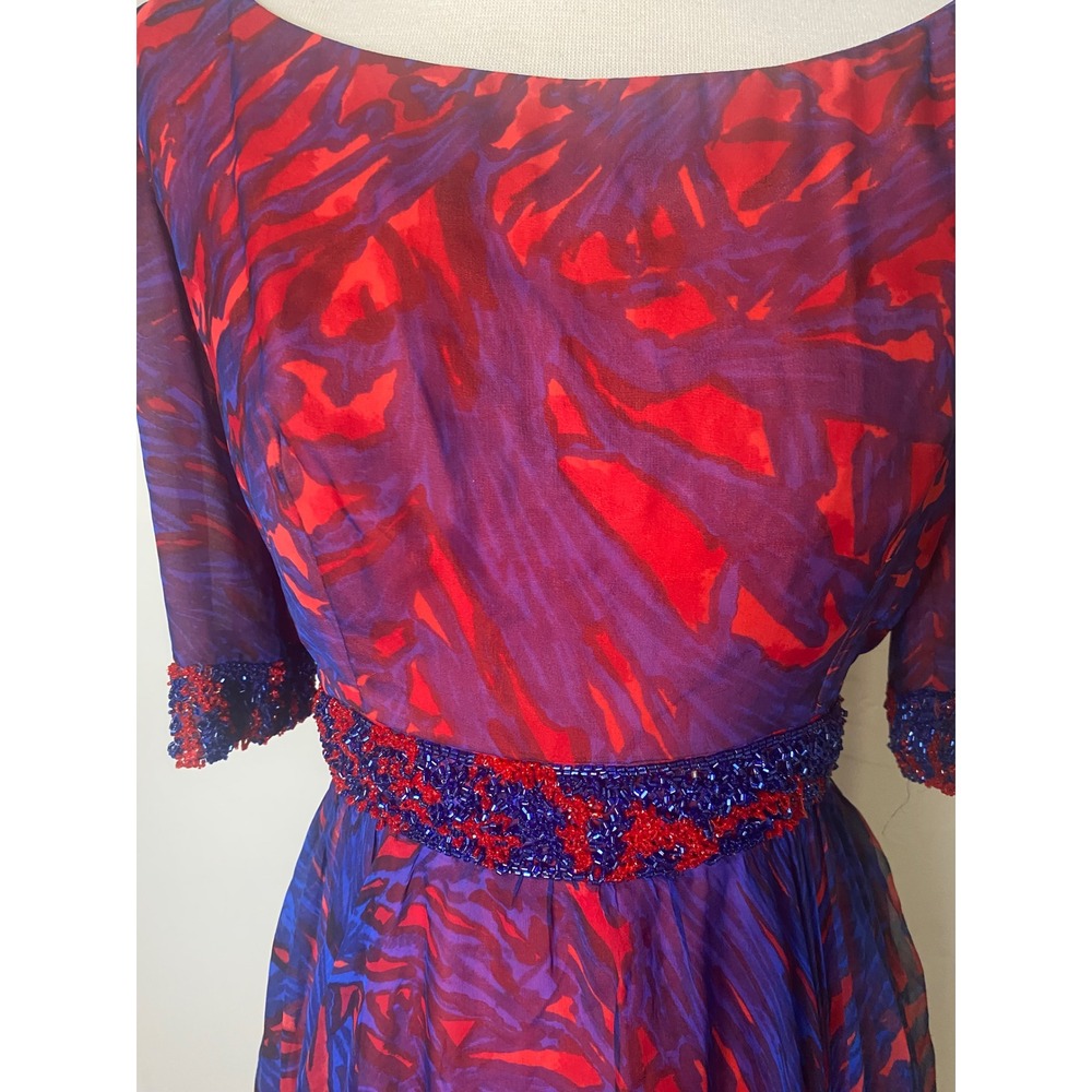 Vintage 60's Silk Chiffon Beaded Dress Blue Red Abstract Print Cocktail S - Picture 4 of 9